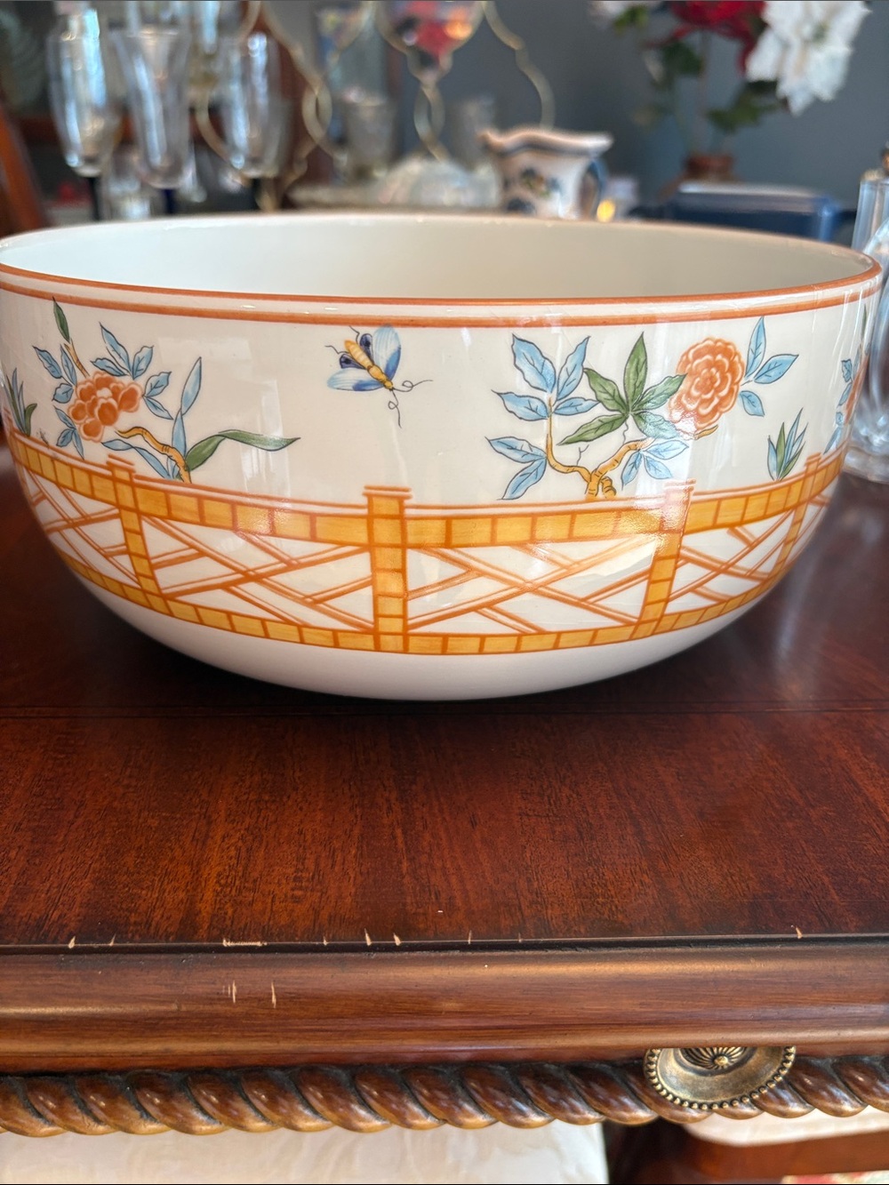 Tiffany & Co. Orange and Blue Floral Ceramic Serving Bowl